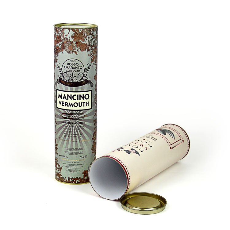 High Quality Accept Custom Design Wine Food Packaging Paper Tube Can with Metal Lid